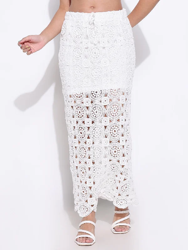 Skirts with a side zipper Women White Solid Crochet Skirt