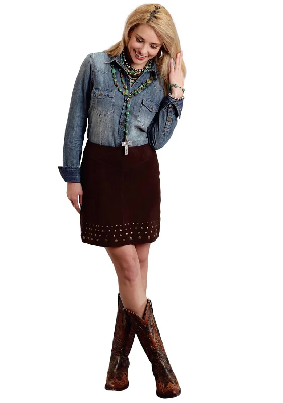 Skirts for a nature walk Stetson Ladies Brown Leather Suede Lamb Studded Skirt 10