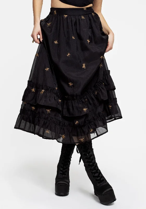 Wrap skirts for women with curves Insectarium Embroidered Organza Tiered Midi Skirt