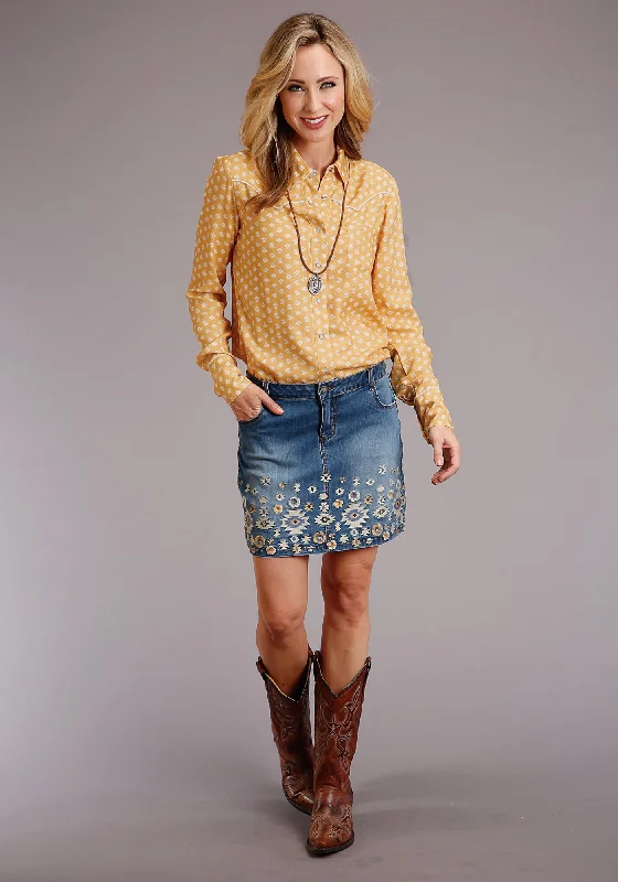Denim skirts with distressed details Stetson Womens Blue Cotton Blend Aztec Floral Stitch Skirt