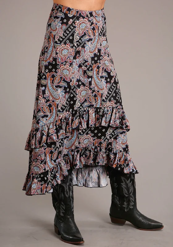 Women's summer floral skirts Roper Womens Black Polyester Boho Paisley Skirt