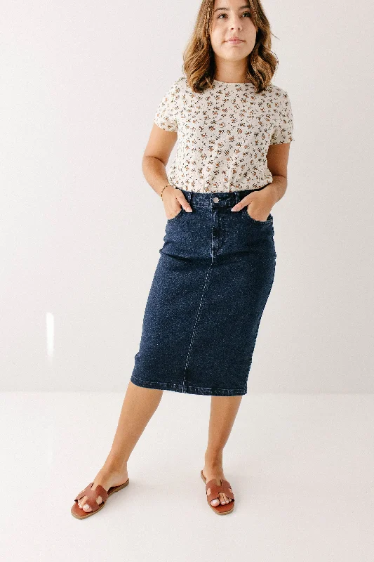 Skirts with a gathered waist 'Krista' Knee Length Denim Pencil Skirt in Dark Wash