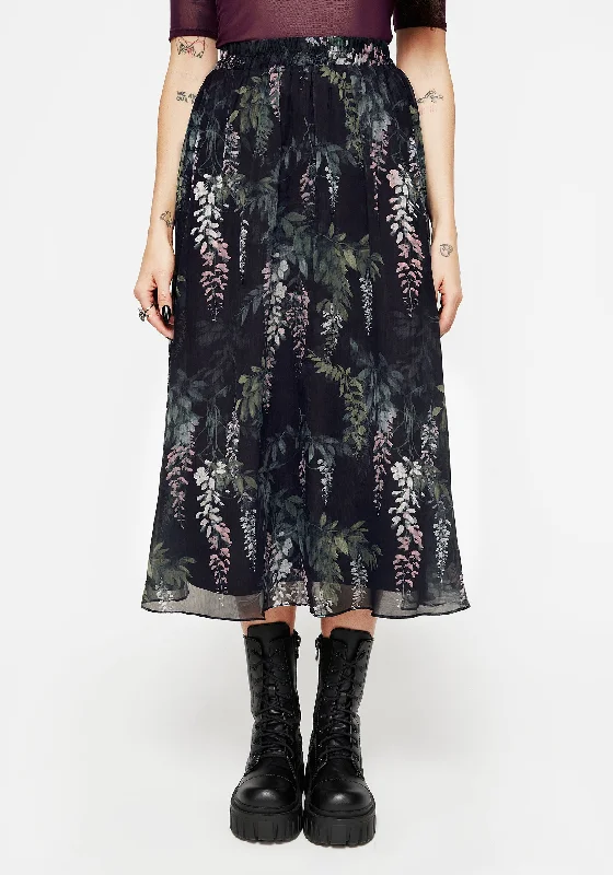 Skirts with a scalloped hem Wisteria Floral Print Chiffon Midi Skirt