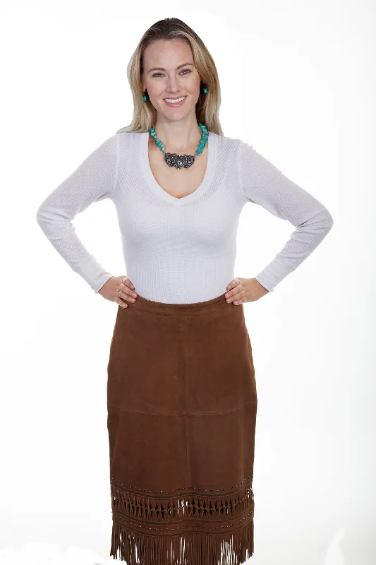 Skirts with a tassel trim Scully Womens Brown Lamb Suede Fringe Skirt