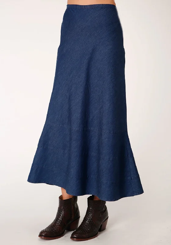 High - waisted linen skirts for summer Roper Womens Indigo Blue 100% Cotton Bias Cut Midi Skirt