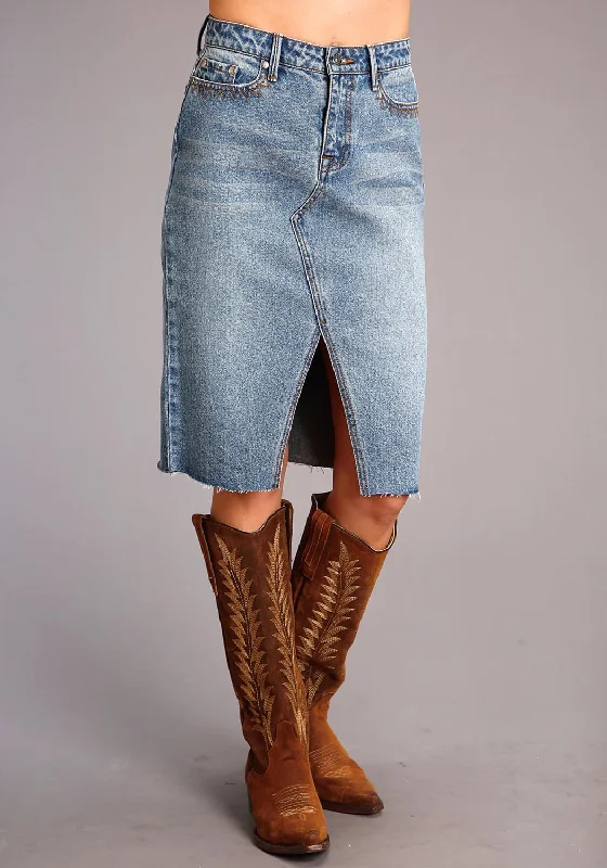Mini skirts for clubbing Stetson Womens Blue 100% Cotton Slit Center Denim Midi Skirt