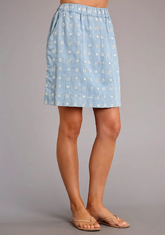 Women's summer floral skirts Stetson Womens Blue Denim Paisley Schiffli Skirt