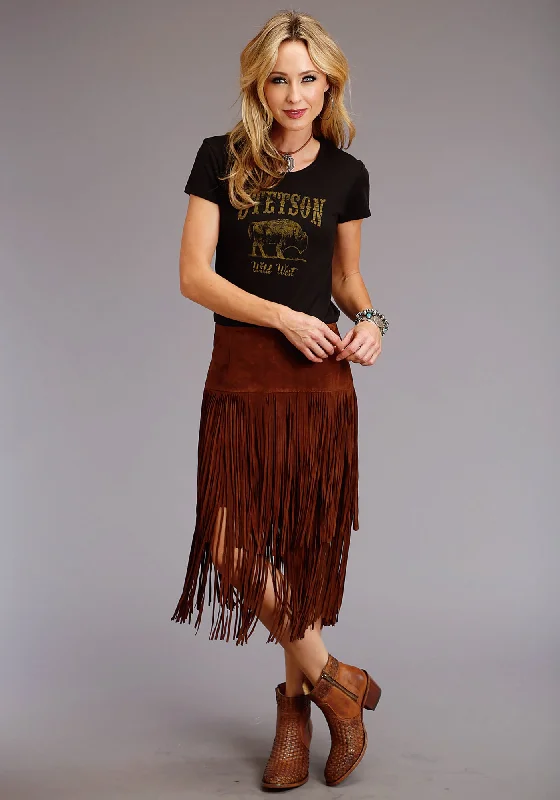 Women's summer floral skirts Stetson Womens Brown Leather Lamb Suede Fringe Skirt 12