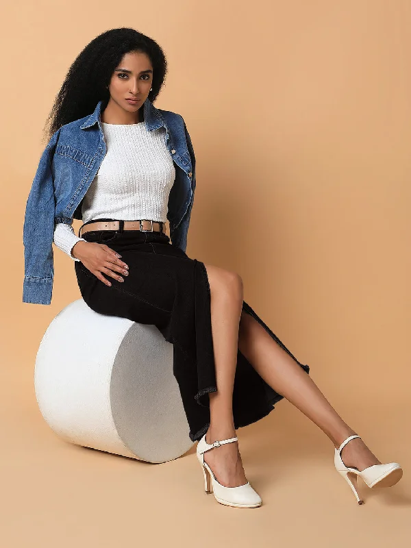 Midi skirts with pockets Women Solid Black Straight Maxi Denim Skirt with Belt