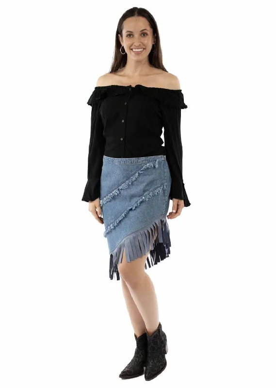 Skirts with lace trim Scully Womens Asymmetrical Fringe Bottom Blue 100% Cotton Skirt