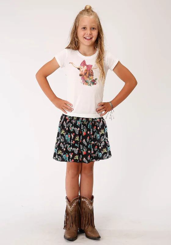 Skirts with a scalloped hem Roper Kids Girls Black Rayon/Nylon Cowgirl Print Skirt