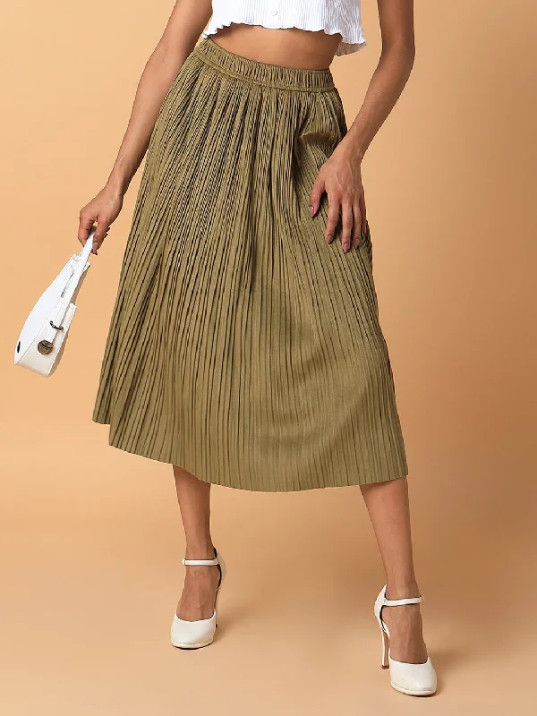 Skirts for a girls' night out Women Solid Olive Flared Midi Skirt