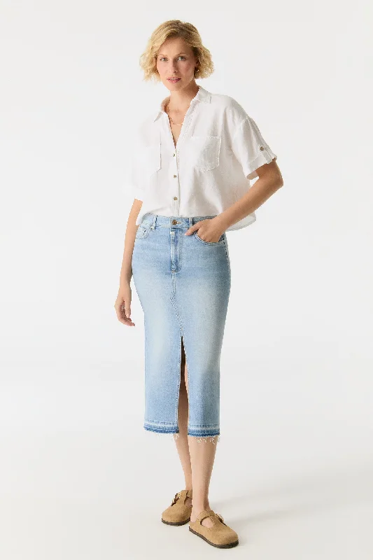 Tiered skirts for a bohemian look Evelyn Mid Waist 5 Pocket Long Skirt Light Blue Fringe