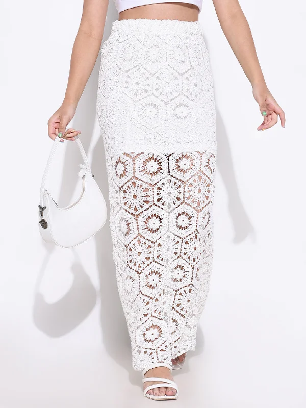 Skirts with a gathered skirt Women White Solid Crochet Skirt