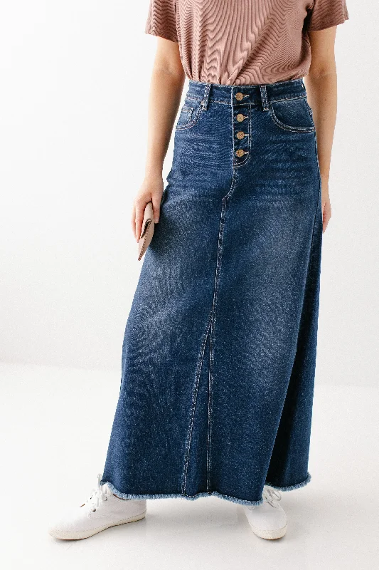 Skirts with a beaded embellishment 'Haven' Long Stretch Denim Skirt in Dark Wash