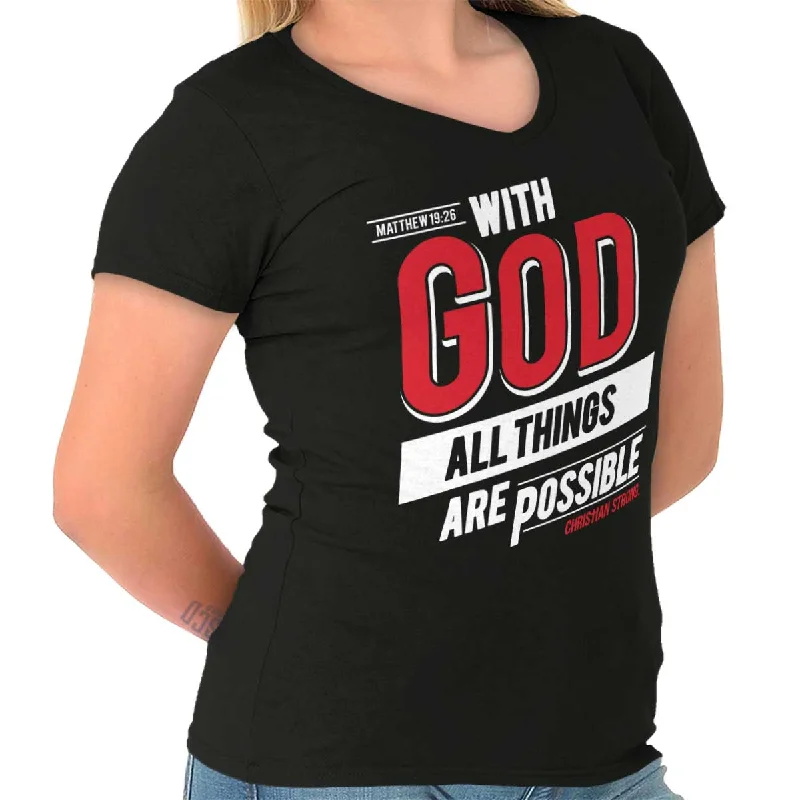 Ringer T Shirt Women with Retro - Inspired StripesAll Things Are Possible Junior Fit V-Neck T-Shirt