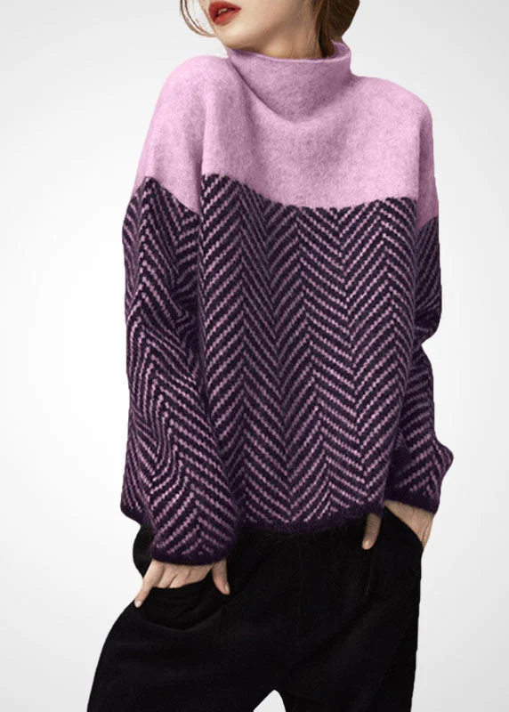Plus Size Women's Embroidered Sweaters in Ethnic StylesArt Purple High Neck Oversized Patchwork Wool Short Sweater Winter Plus Size Women's Embroidered Sweaters in Ethnic StylesArt Purple High Neck Oversized Patchwork Wool Short Sweater Winter