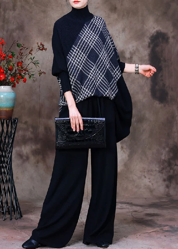 Hooded Women's Fleece - Lined Sweaters for WinterBeautiful Black Turtleneck Striped Plaid Patchwork Knit Sweaters And Wide Leg Pants Two Piece Set Fall Hooded Women's Fleece - Lined Sweaters for WinterBeautiful Black Turtleneck Striped Plaid Patchwork Knit Sweaters And Wide Leg Pants Two Piece Set Fall