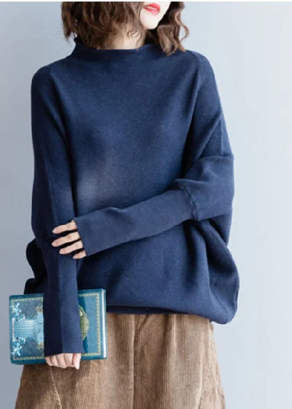 Plus Size Women's Embroidered Sweaters in Ethnic StylesBeautiful Navy Stand Collar Chunky Oversized Knit Sweaters Batwing Sleeve Plus Size Women's Embroidered Sweaters in Ethnic StylesBeautiful Navy Stand Collar Chunky Oversized Knit Sweaters Batwing Sleeve