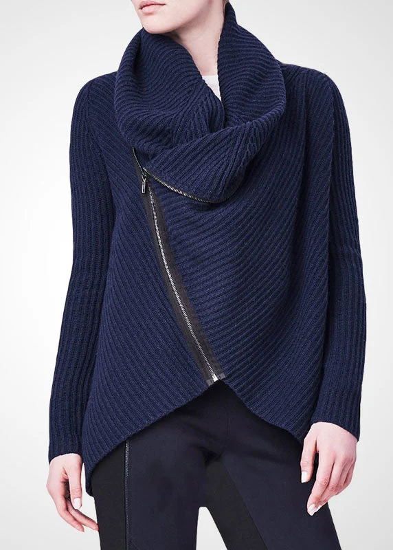 Button - Down Women's Shetland Wool Sweaters in Traditional PatternsBeautiful Navy Turtle Neck Asymmetrical Zippered Knit Sweater Tops Winter Button - Down Women's Shetland Wool Sweaters in Traditional PatternsBeautiful Navy Turtle Neck Asymmetrical Zippered Knit Sweater Tops Winter