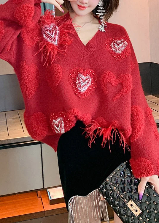 Plus Size Women's Embroidered Sweaters in Ethnic StylesBeautiful Red V Neck Loving Heart Nail Bead Thick Knit Sweater Fall Plus Size Women's Embroidered Sweaters in Ethnic StylesBeautiful Red V Neck Loving Heart Nail Bead Thick Knit Sweater Fall