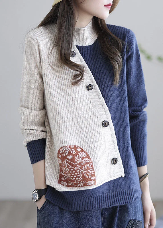 Beige Blue Print Loose Fall Knitted Sweater Tops