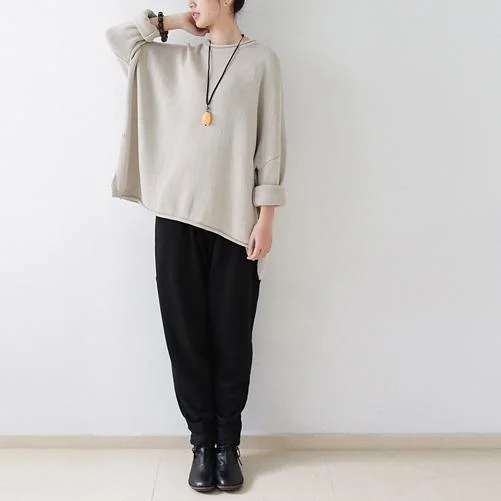 Beige cotton sweaters oversized long sleeve knit sweater tops