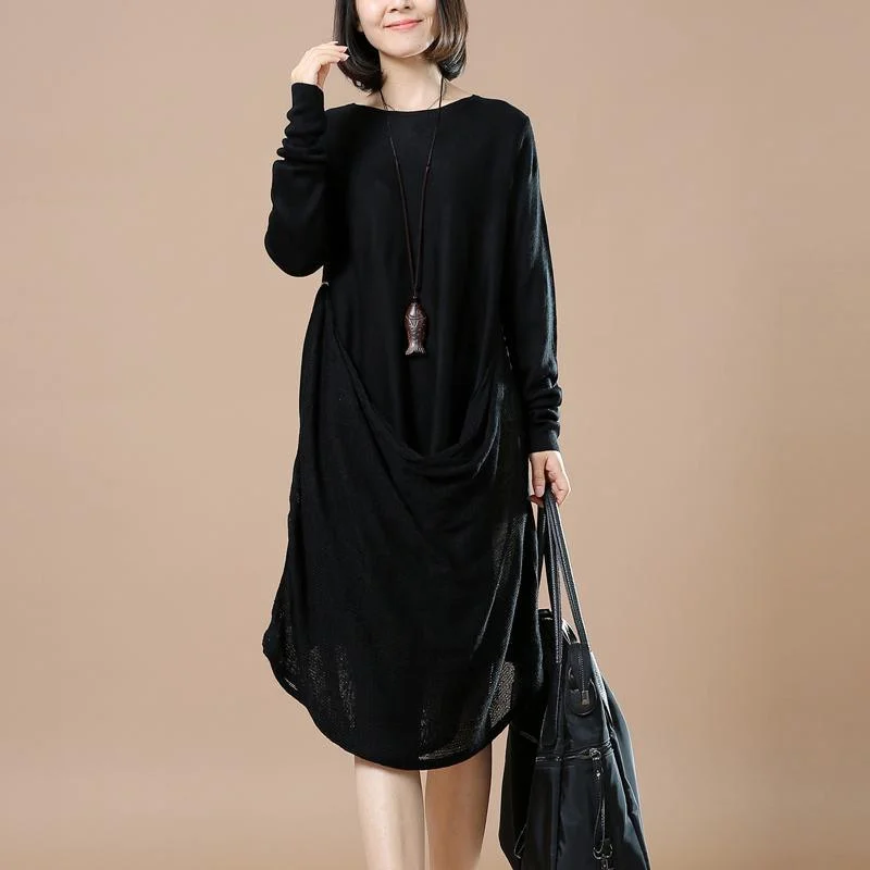 Black asymmetrical knit dresses long sweater