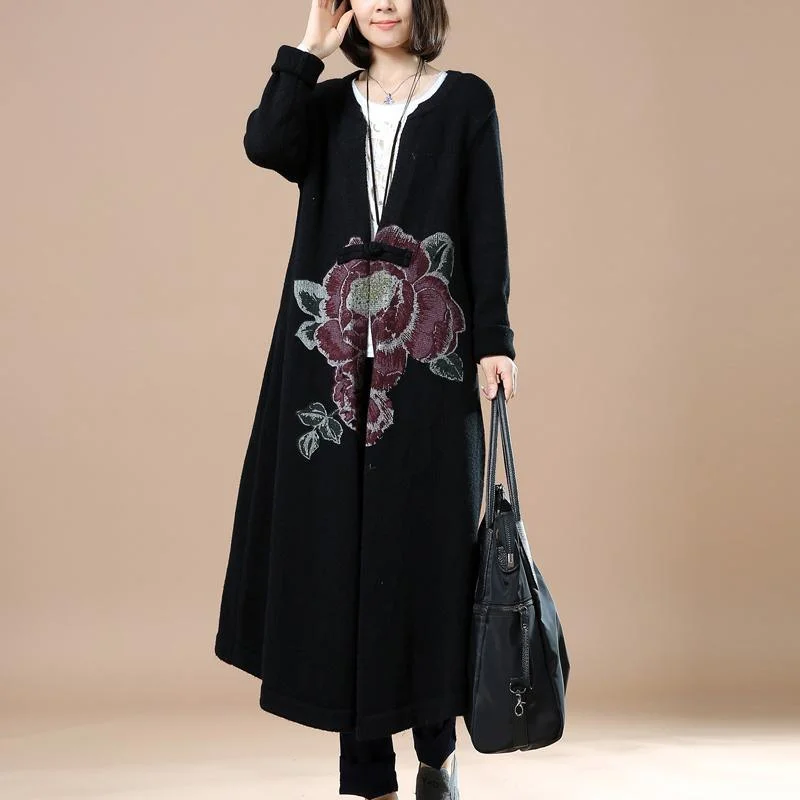 Black floral sweaters long knitted cardigans