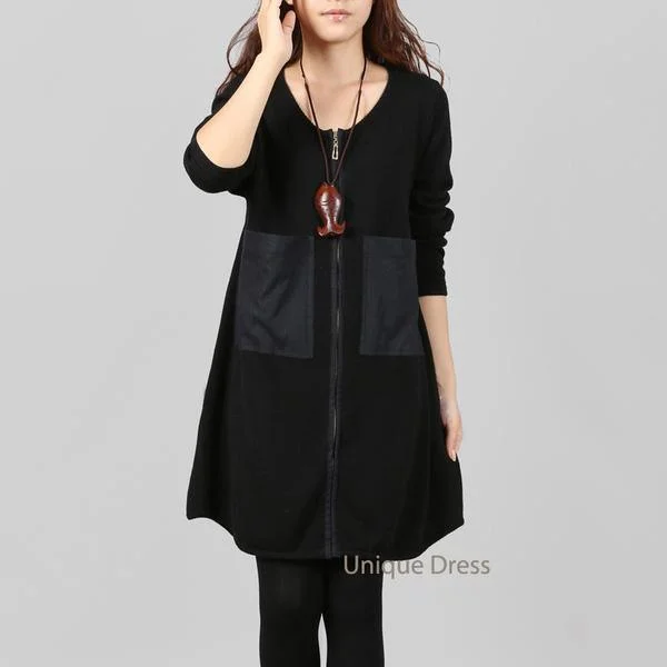 Black PU patchwork women sweater cardigan