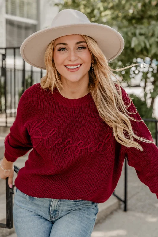 Plus Size Women's Ruffled Hem Sweaters in Floral PrintsBlessed Burgundy Embroidered Sweater FINAL SALE