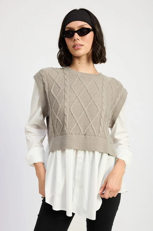 Hot Girl Two Fer Cable Knit Sweater And Shirt Top