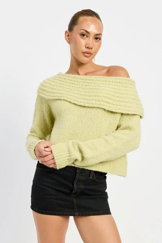 Hot Girl Oksana Off Shoulder Cropped Wool Blend Sweater In Sage