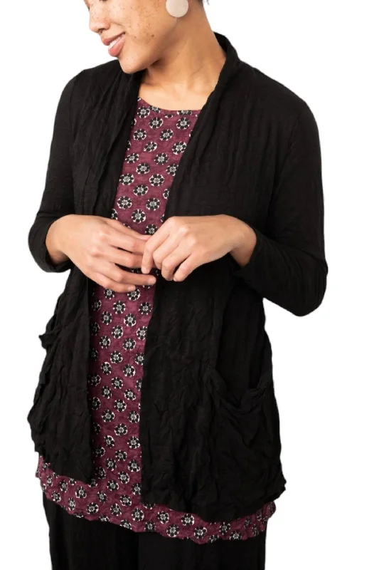 Crinkle Open Front Cardigan In Black