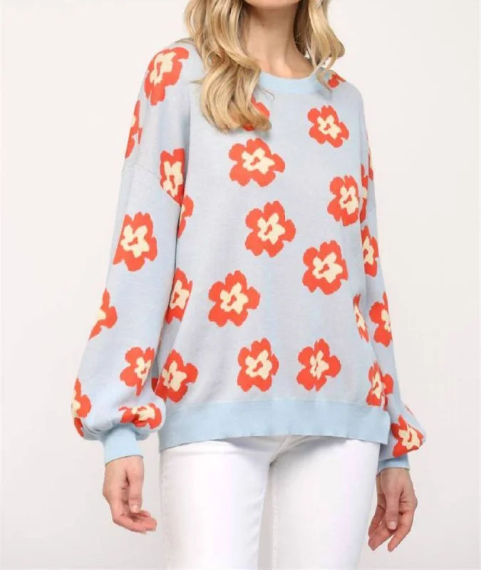 Floral Sweater In Blue Orange Flowers