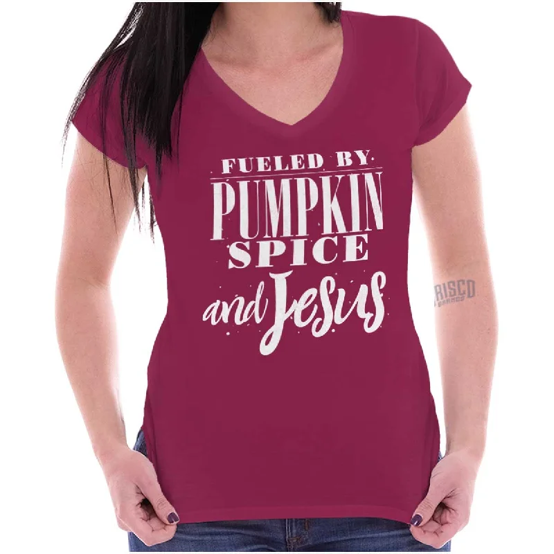 Puff Sleeve Women T Shirt for a Fashion - Forward LookFueled by PSLs and Jesus Junior Fit V-Neck T Shirt