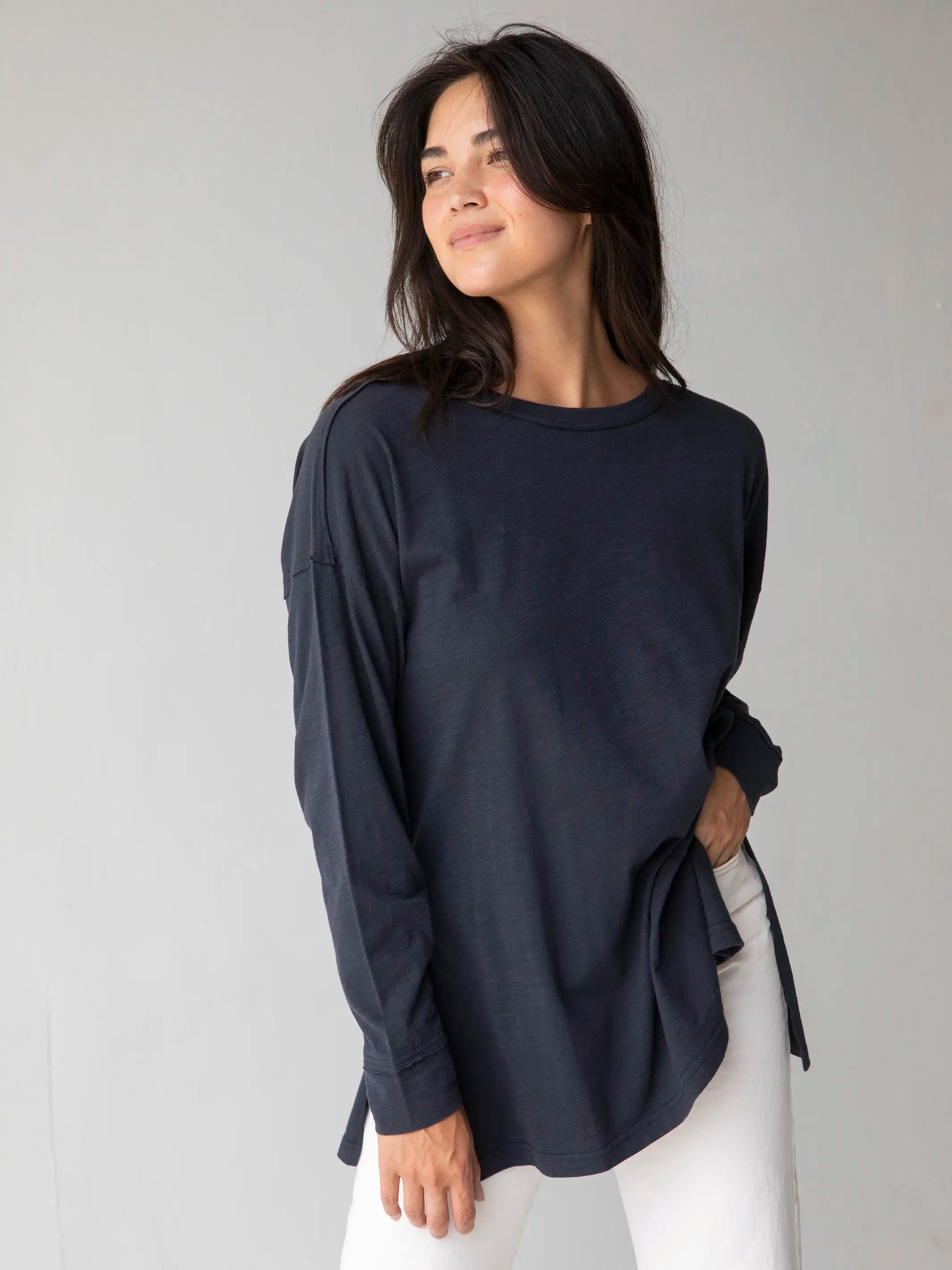 Plus Size Women's Side - Slit Sweaters in Bold SolidsHang Around Cotton Tunic - Dark Navy Plus Size Women's Side - Slit Sweaters in Bold SolidsHang Around Cotton Tunic - Dark Navy