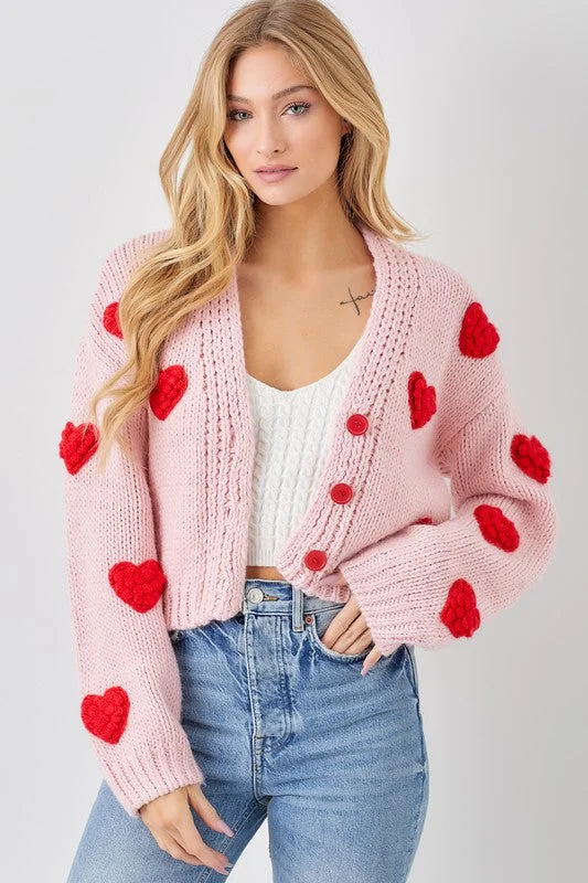 Heart Cropped Cardigan-Pink