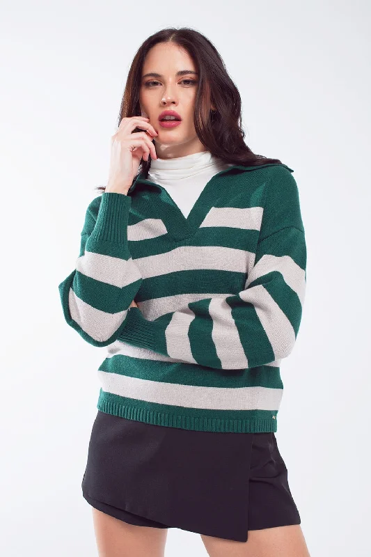 Hot Girl Striped Collared Polo Sweater