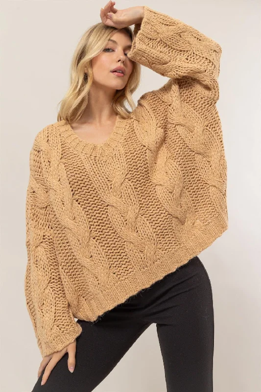 Hot Girl HYFVE Cable Knit V-Neck Sweater In Tan