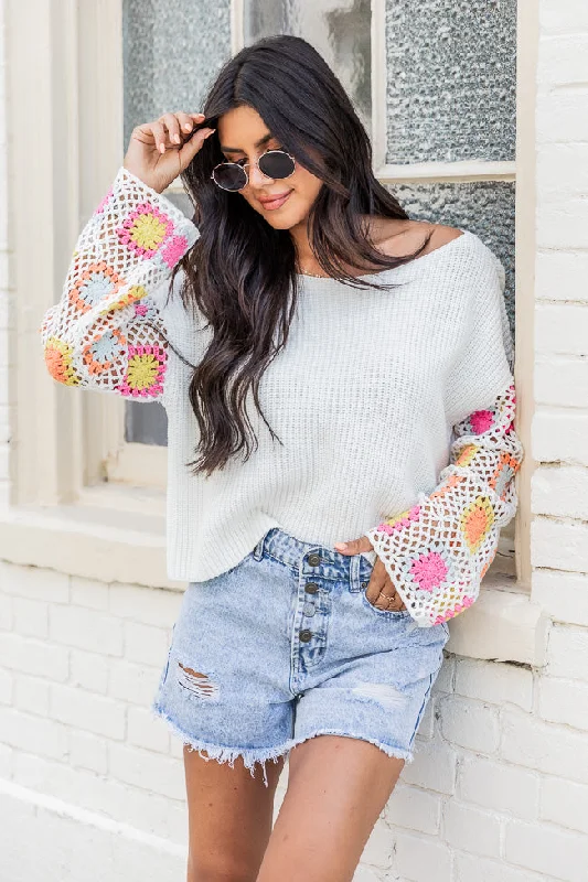 Something To Tell Ivory Bright Multi Crochet Sleeve Sweater  FINAL SALE