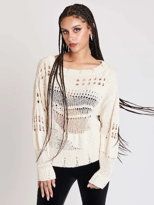 Women's Long Sleeve Turtleneck Cashmere SweatersIvory Distressed Sweater