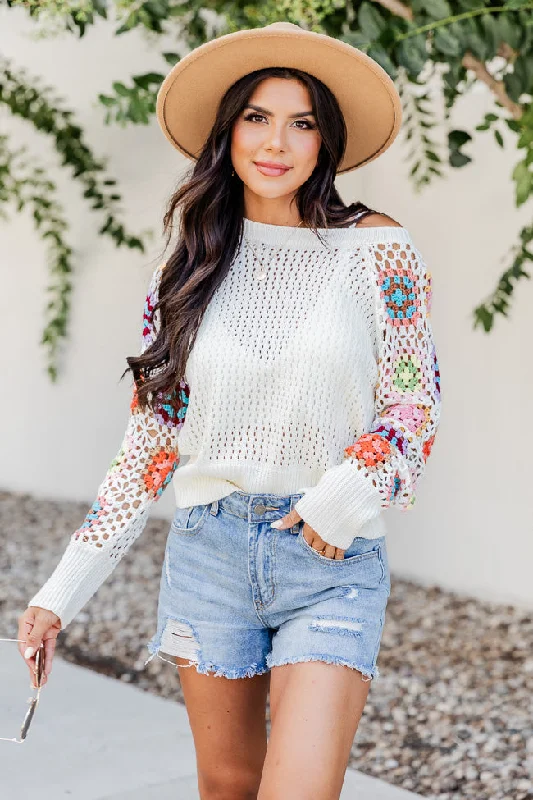 A Wonderful Life Ivory Multi Crochet Sleeve Sweater  FINAL SALE