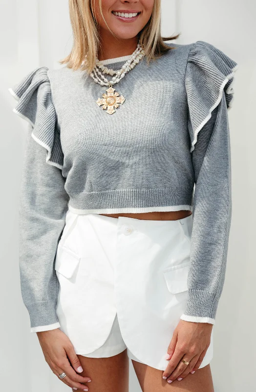 V - Neck Women's Ribbed Wool Sweaters for FallJoany Ruffle Sweater - Heather Grey