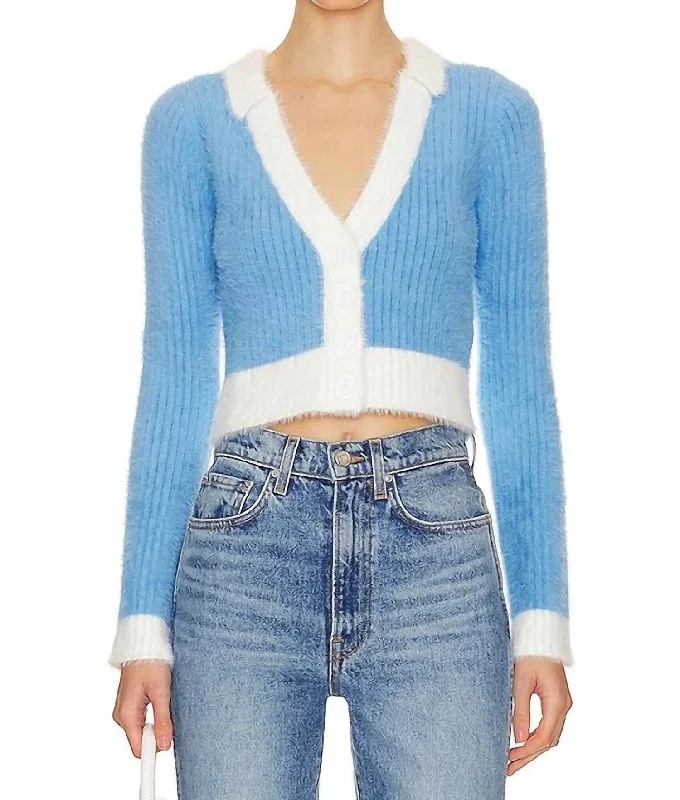 Josephine Fluffy Knit Cardigan In Blue/cream