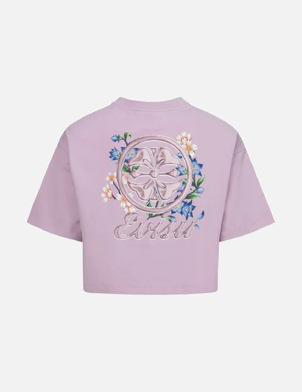 Ringer T Shirt Women with Retro - Inspired StripesKamon and Wisteria Print Cropped T-Shirt