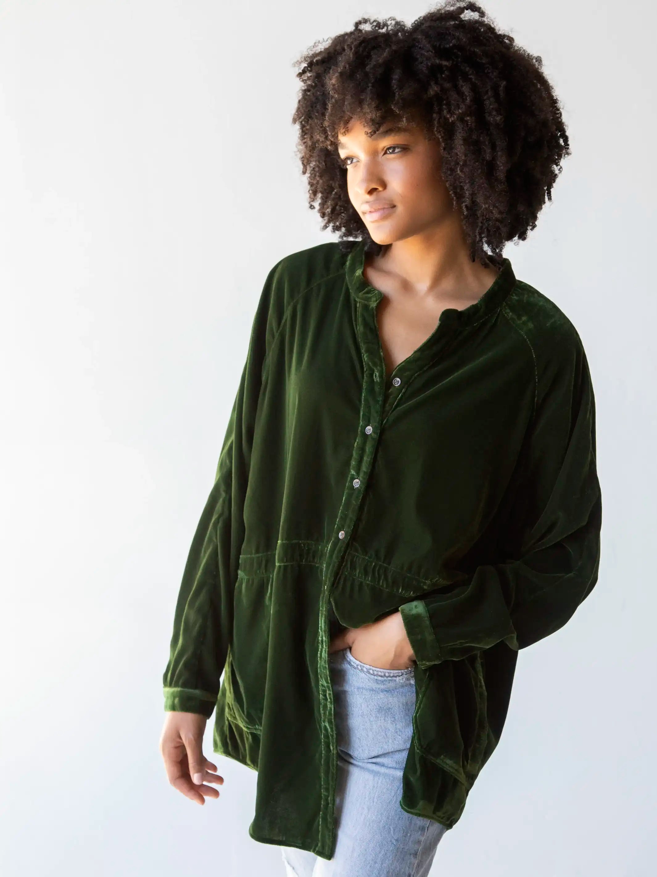 Plus Size Women's Embroidered Sweaters in Ethnic StylesLaid Back Velvet Button Down - Military Green Plus Size Women's Embroidered Sweaters in Ethnic StylesLaid Back Velvet Button Down - Military Green