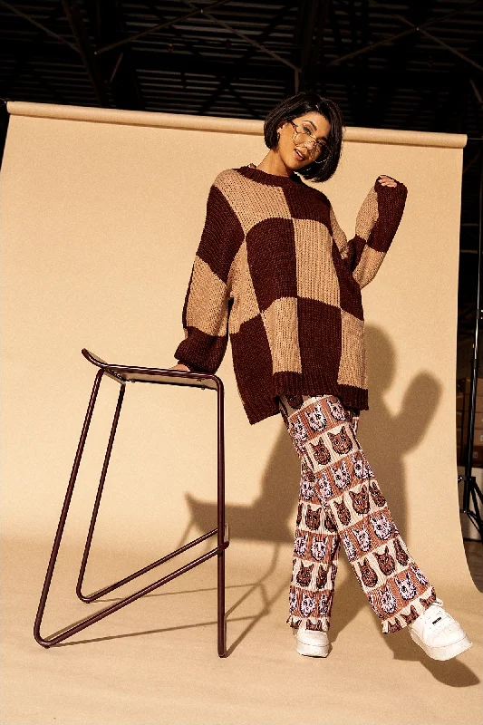 Open - Front Women's Cardigan - Style Mohair SweatersRue Oversized Checkerboard Knit in Tan/Brown Open - Front Women's Cardigan - Style Mohair SweatersRue Oversized Checkerboard Knit in Tan/Brown