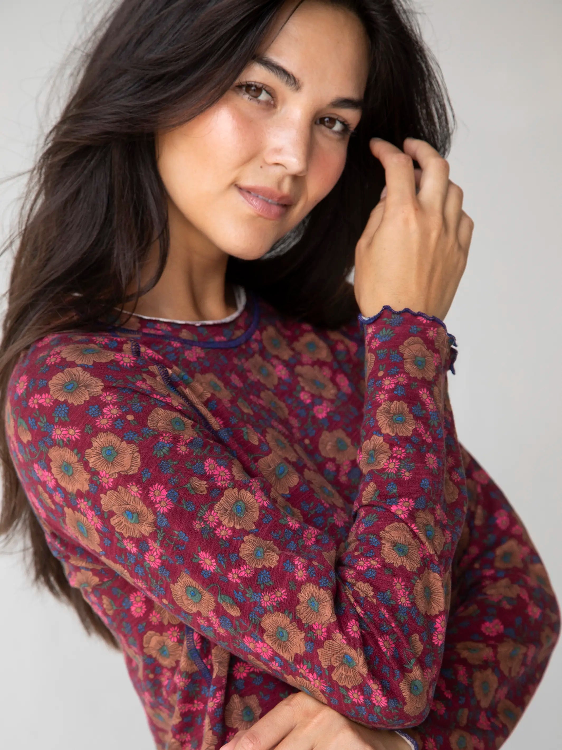 Lily Cotton Long Sleeve Tee Shirt - Cranberry Brown Floral