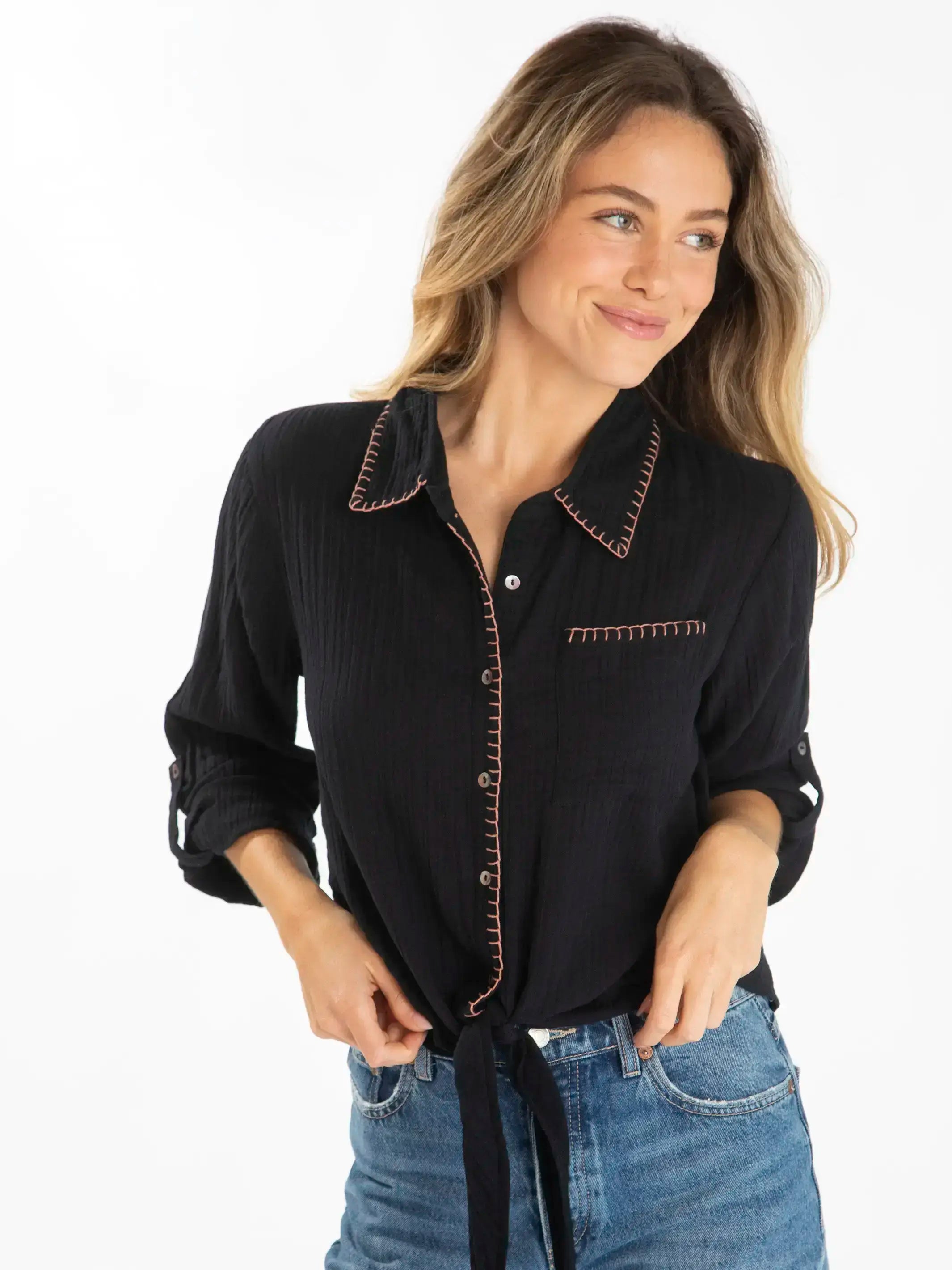 Plus Size Women's Embroidered Sweaters in Ethnic StylesLola Tie Button Down - Black